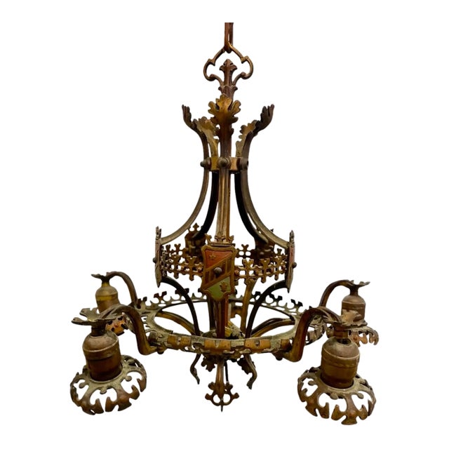 Antique Lighting 1920s Chandelier French Gothic Crest Sheild by Lincoln For Sale