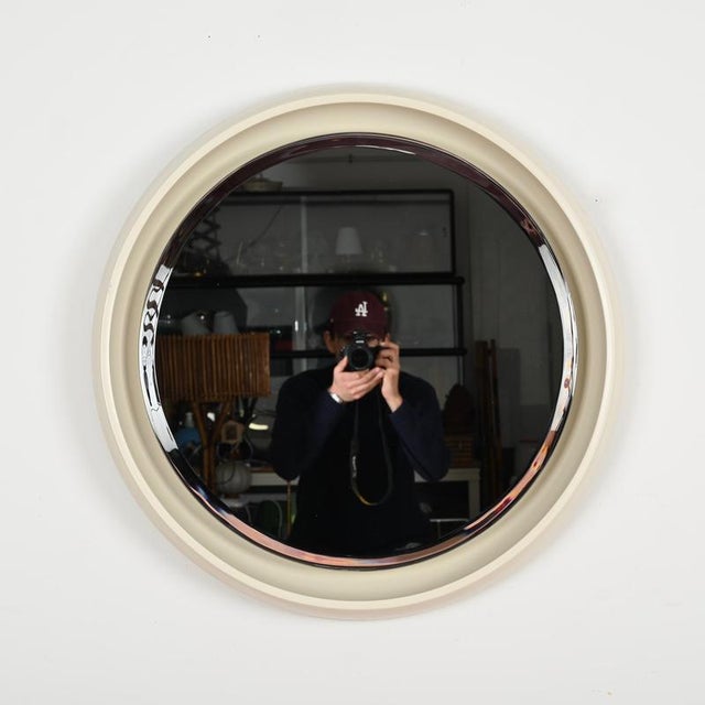 Large Italian Round Backlit Beveled White Mirror in Wood, Italy, 1970s For Sale - Image 11 of 17