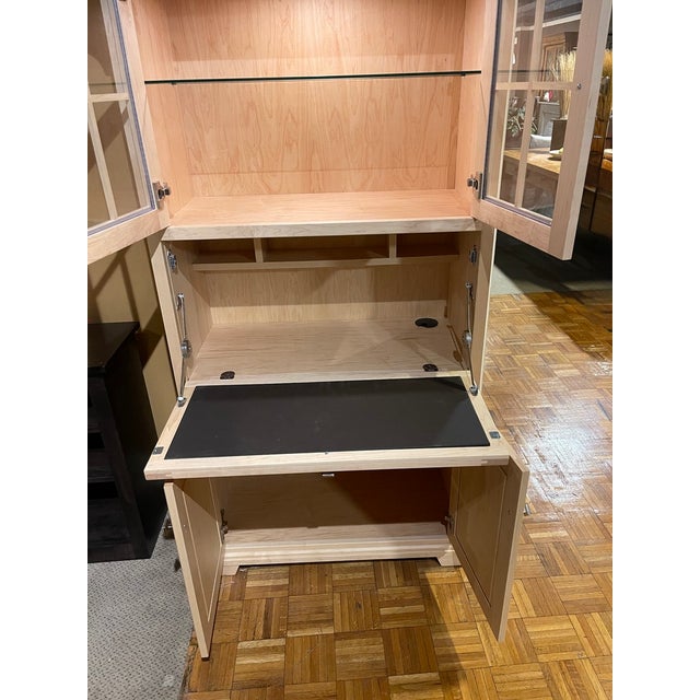 Ohio Amish-Built Solid Hard Maple Fall-Front Desk With Clear Coating, Featuring a Lighted Display, a Glass Shelf Above, and Storage Below. For Sale - Image 4 of 11