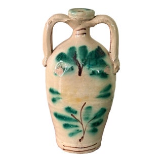 Antique Rustic European Hand Painted Pottery Jug With Handles For Sale