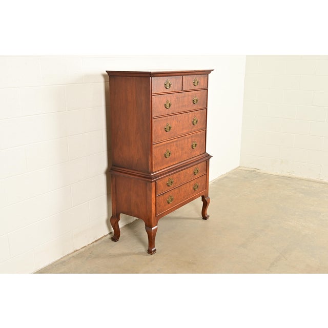 Baker Furniture Company Baker Furniture Georgian Carved Walnut and Burl Wood Seven-Drawer Highboy Dresser, Circa 1960s For Sale - Image 4 of 15