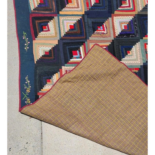 19thc Wool Log Cabin Quilt With Embroidered Borders, Lancaster County Pa For Sale - Image 10 of 12