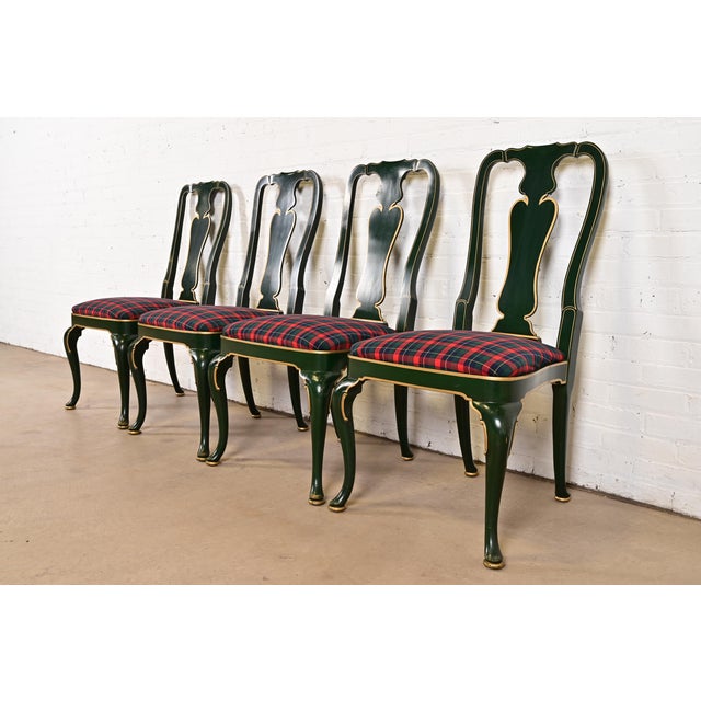 A gorgeous set of four Hollywood Regency Chinoiserie style side chairs or dining chairs in Queen Anne form By Kindel...