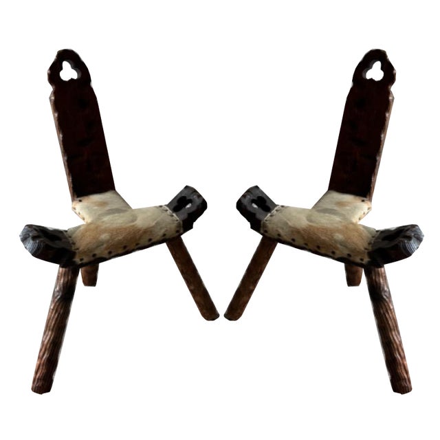 Mid-Century 3-Legged Stools with Backrest in Wood with Black-Brown Cowhide Seat, 1950s, Set of 2 For Sale