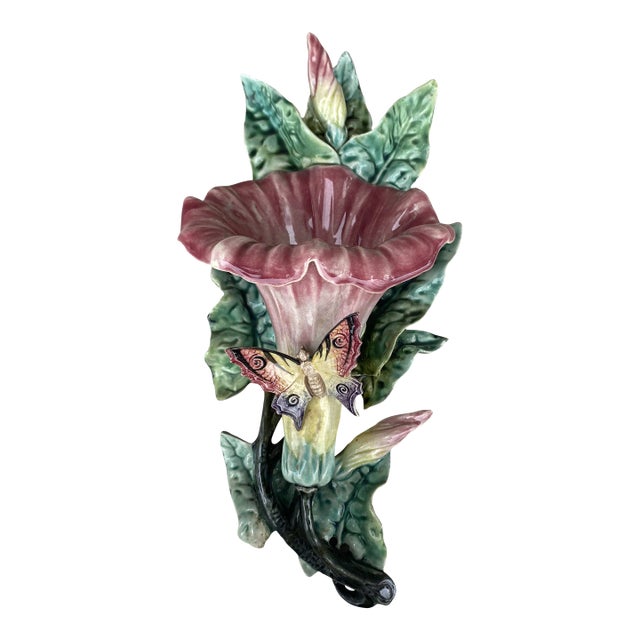 Late 19th Century Fives Lille French Majolica Morning Glory Wall Pocket For Sale