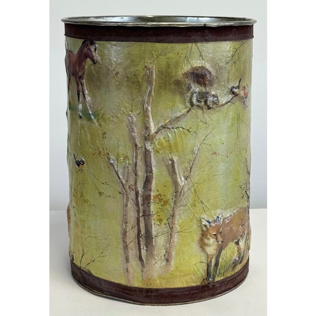 Unique vintage tall decorative tin container featuring raised decoupage winter forest scene. Perfect for a wastebasket or...