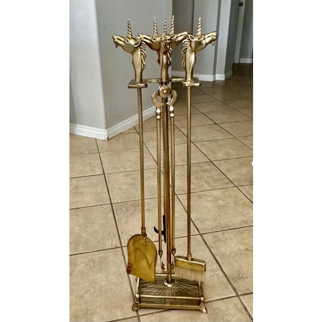 Set Unicorn Horse Brass Fireplace Tool Set For Sale - Image 4 of 12