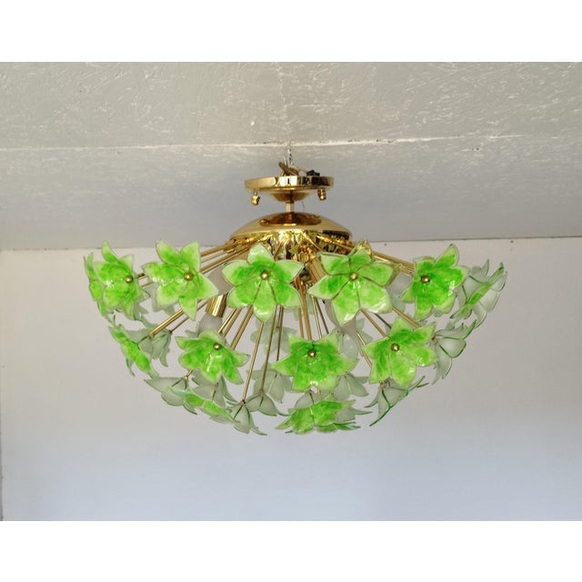 Green Floral Sputnik Flush Mount Chandelier 1980s Glass Flowers For Sale - Image 4 of 12