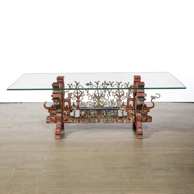 Arts and Crafts Sicilian Polychromed Wood & Iron Glass Top Oxcart Cocktail Table For Sale - Image 11 of 18