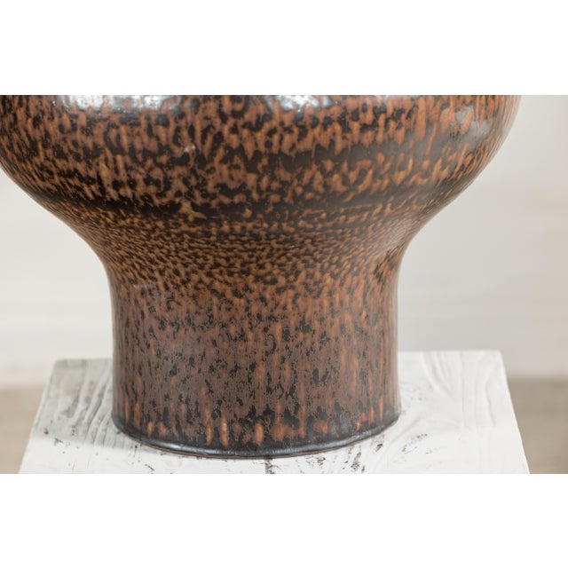 Large Artisan Ceramic Vase with Wide Mouth and Speckled Brown Glaze For Sale - Image 9 of 18