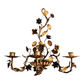 Vintage Hollywood Regency Style Floral Wall Mounted Brass Candle Holder Wall Sconce For Sale