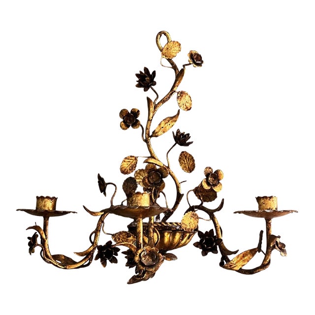 Vintage Hollywood Regency Style Floral Wall Mounted Brass Candle Holder Wall Sconce For Sale