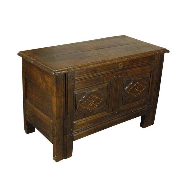 17th-C. French oak coffer with inlaid front panel, steel nail-head decorative trim , a fixed shelf and original rich...