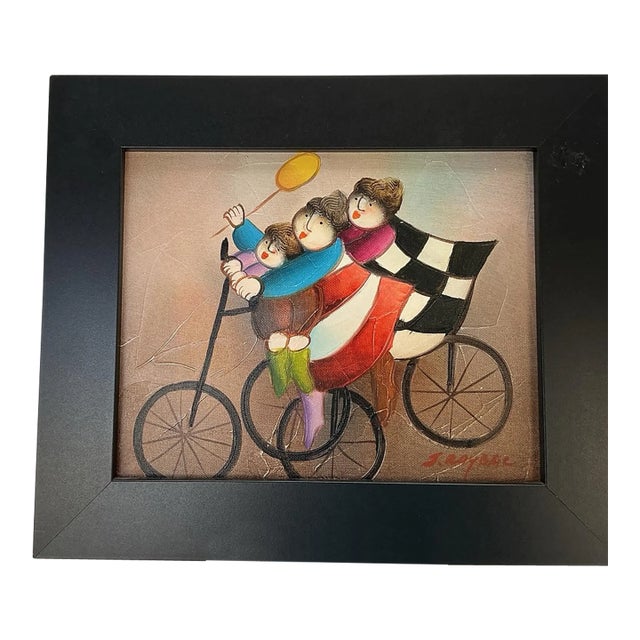 Signed Joyce Roybal Original Oil Painting Cyclists 9” X 7.5” Vintage Folk Art For Sale