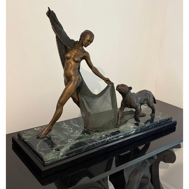 Art Deco Erté-Inspired Bronze Nude With Panther on Marble Base For Sale - Image 3 of 9