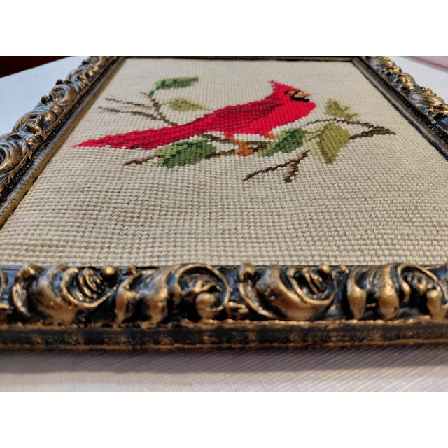Wood 1960s Red Cardinal Bird Framed Needlepoint For Sale - Image 7 of 9