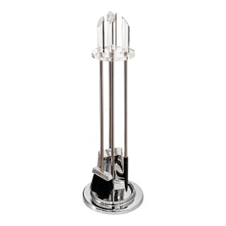 1970s Modernist Chrome and Lucite Round Fireplace Tool Set - 4 Pieces For Sale