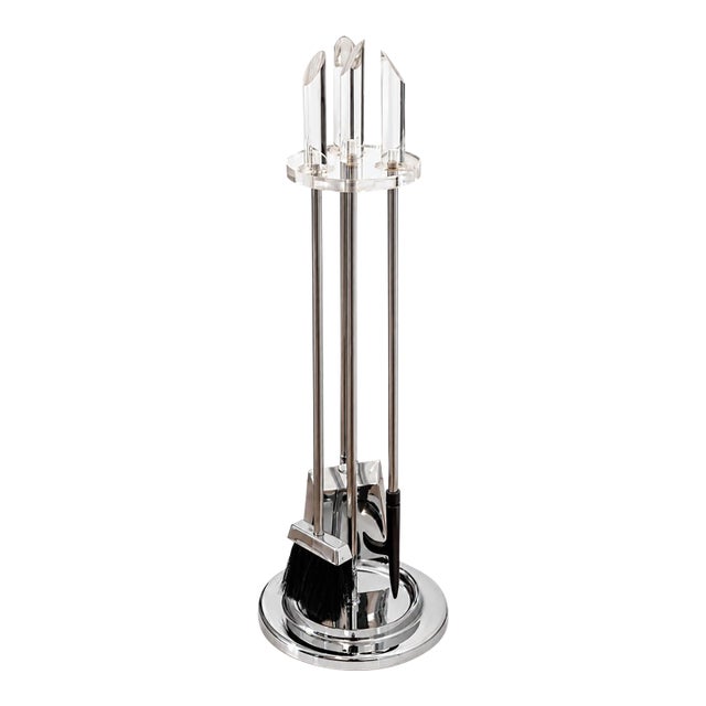 1970s Modernist Chrome and Lucite Round Fireplace Tool Set - 4 Pieces For Sale