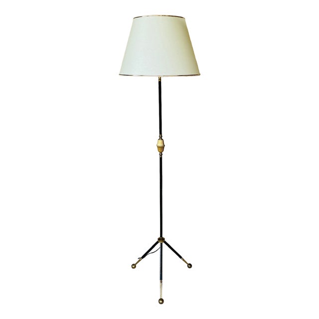 Vintage Floor Lamp with Gilded Brass Decor on Tripod Legs, 1960s For Sale