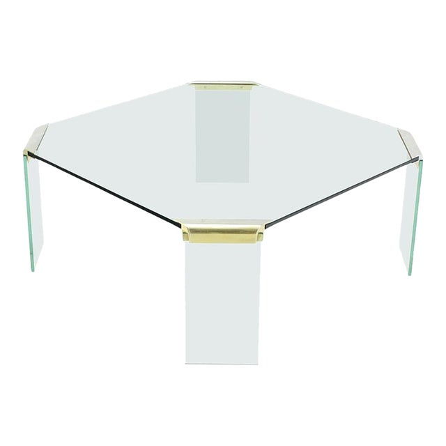 Large Square Cut Corners Style Glass Top & Legs Brass Joint Coffee Table For Sale
