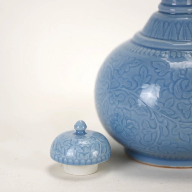 Ceramic Pair of Chinese 20th Century Ottoman-Style Light Blue Glazed Lidded Vases For Sale - Image 7 of 8