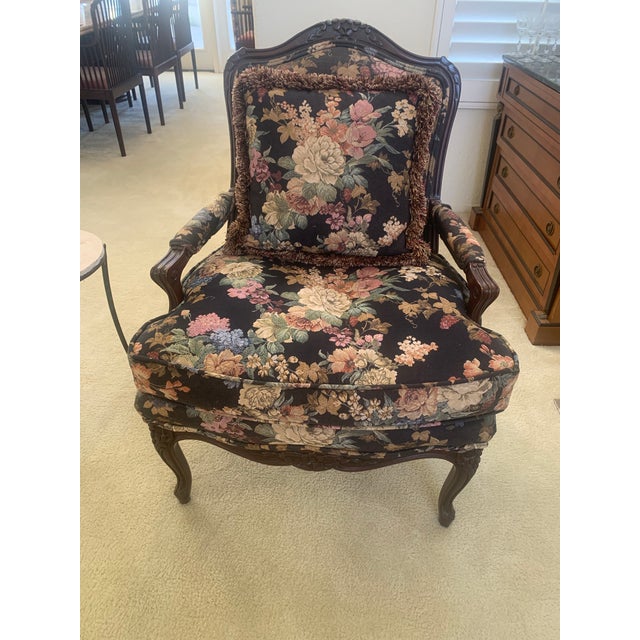 Chocolate 1970s Matching Upholstered Chairs (2). Hardwood Very Detailed. Black Background, Multicolor Floral Print. For Sale - Image 8 of 8