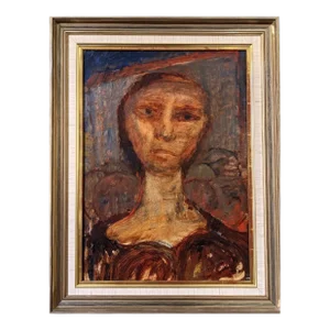 Mid-Century Modern "Portrait in Sepia" Swedish Figure Portrait Oil Painting, Framed