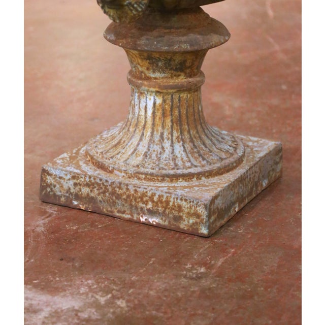 Metal Pair of Early 20th Century French Painted Iron Urns With Figural Mask Handles For Sale - Image 7 of 9
