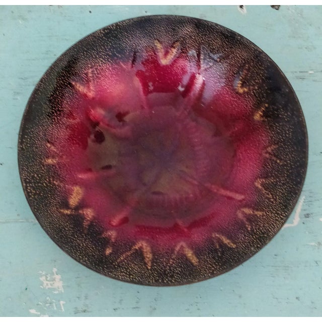 Mid-Century Modern Vintage Enamel on Copper Ruby Red Gold Plate Dish For Sale - Image 3 of 7