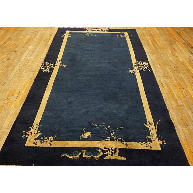 Chinese 1920s Navy Blue Solid Birds Deco Antique Chinese Peking Hallway Runner Rug For Sale - Image 3 of 10