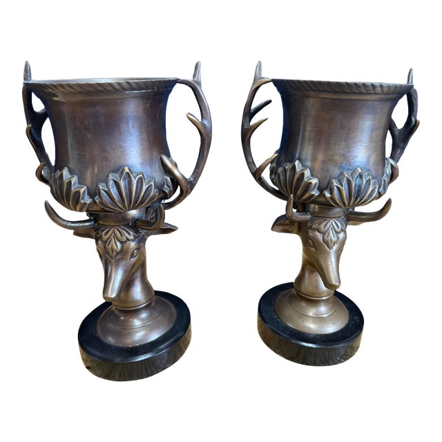 Vintage Brass Deer Urns With Antique Brass Finish, a Pair For Sale