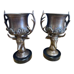 Vintage Brass Deer Urns With Antique Brass Finish, a Pair