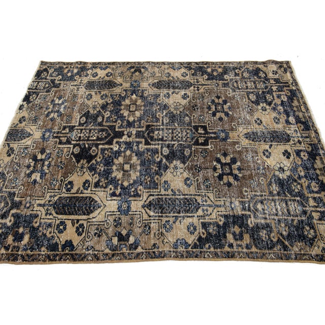 1960s Brown Vintage Persian Distressed Wool Rug With Geometric Pattern For Sale - Image 5 of 8