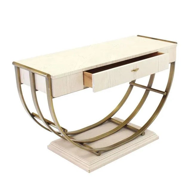 Vintage Mid Century White Pickled Oak Finish Brass UShape Base Console