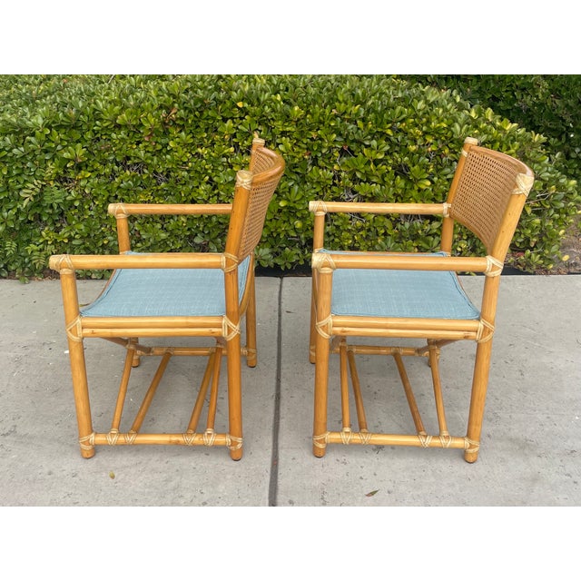 Late 20th Century Pair of Vintage Rattan McGuire Directors Style Armchairs, Newly Upholstered Sunbrella Seats For Sale - Image 5 of 10