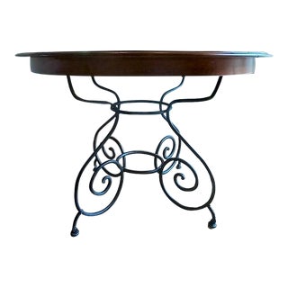 Ethan Allen French Country Round Dining Table With Forged Iron Base and Extension For Sale