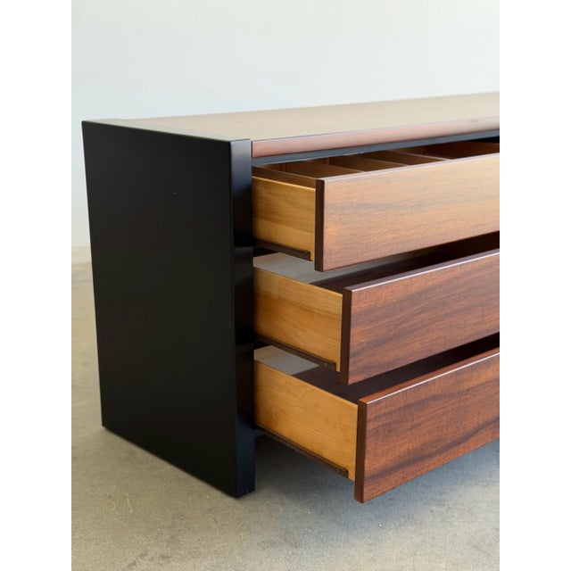 W71.25 D19 H28.5 A beautifully restored Henredon 6-drawer dresser featuring clean, modern lines and rich walnut grain. We...