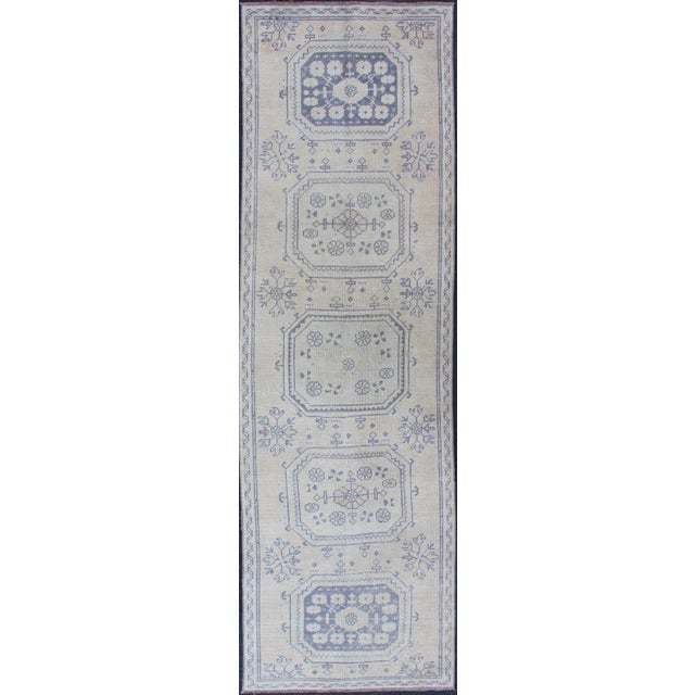 Vintage Turkish Oushak Runner in Medium Blue, Lt. Blue & Tan Background For Sale - Image 12 of 12