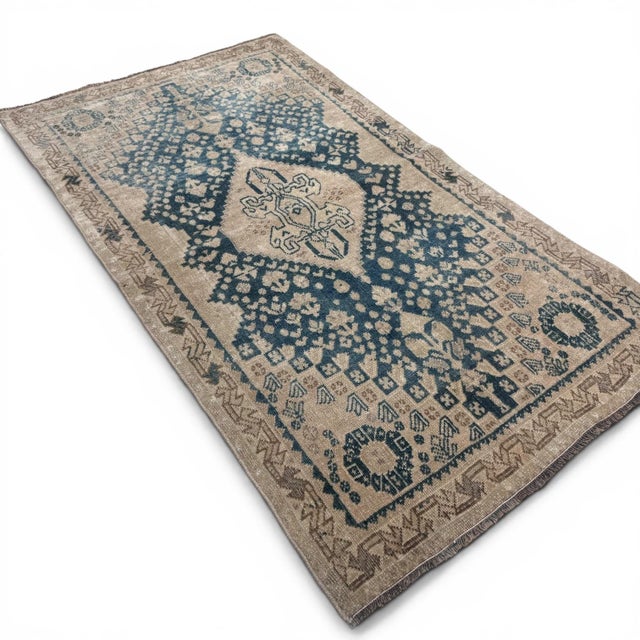 Persian Antique Qashqai Rug | Ivory Field With Blue Geometric Medallion | 3x5 For Sale - Image 3 of 6