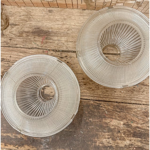 Industrial Antique Holophane Glass Lamp Shades, a Pair For Sale - Image 3 of 13