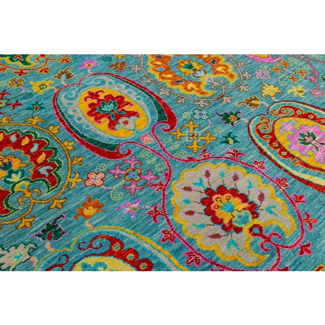 Turquoise Contemporary Vibrant Oushak-Style Hand-Knotted Turquoise & Jewel-Tone Wool Rug For Sale - Image 8 of 12