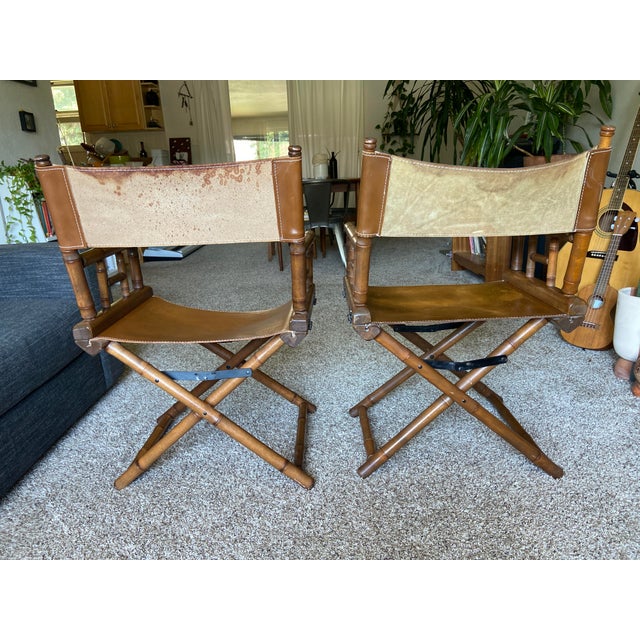 1970s Vintage Telescope Leather and Bamboo Director Chairs- Set of 2 For Sale In Denver - Image 6 of 8