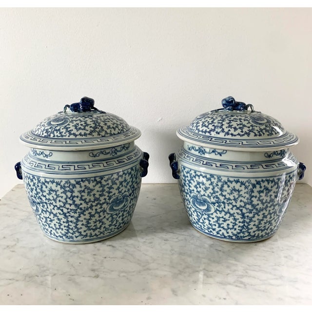 Chinese Blue and White Porcelain Covered Jars With Foo Dog Finials, Pair For Sale - Image 13 of 13