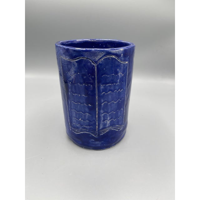 Late 20th Century 1996 Signed Studio Pottery Cobalt Blue Religious Symbolic Vessel For Sale - Image 5 of 7