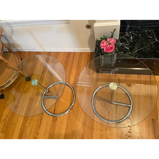 2 Mid Century Tubular Chrome & Round Glass Side End Accent Tables MCM Pair of two mid century modern tubular chrome side...