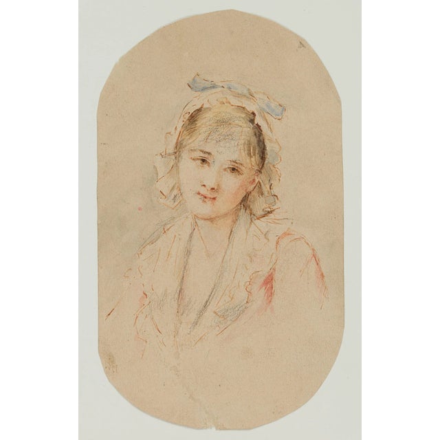 Unknown (19th century): Portrait of a Lady with a Bonnet, c. 1820, Pen drawingTechnique: Watercolored Pen drawing and...