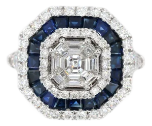 18k(750) White Gold Royal Blue Sapphire and Asscher Pie Cut Natural Diamond Ring, Size 6.5
