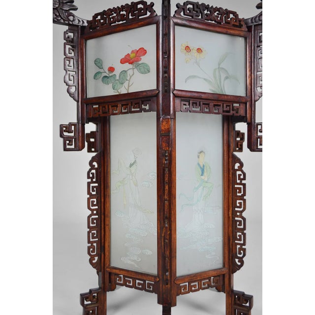 Wood Large Antique Asian Carved Wood Lantern with Dragons & Painted Glass Panels, 1900s For Sale - Image 7 of 18