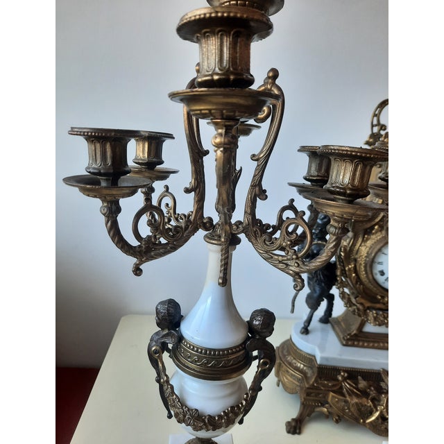 Brown Lancini Clock with Louis XVI Style Candlesticks, 1940s, Set of 3 For Sale - Image 8 of 18