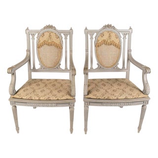 19th Century Louis XVI Painted Carved Wood and Caning Armchairs For Sale